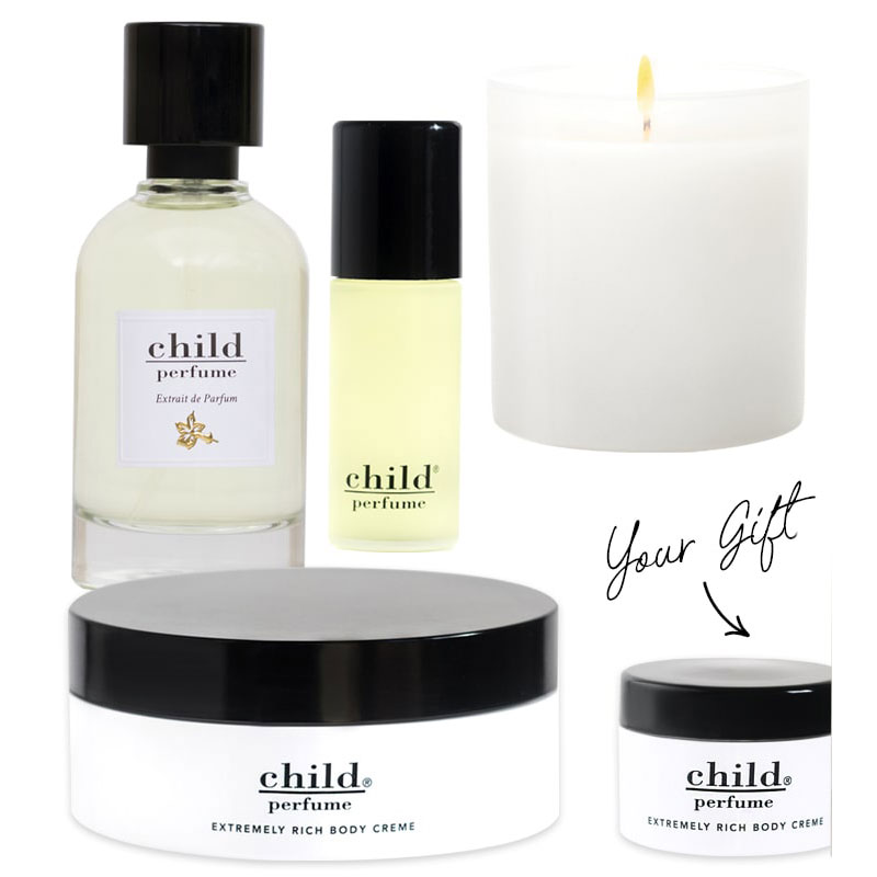 BEST GIFT EVER For the CHILD Perfume FAN! Includes 50 ml Extrait de Parfum, 1 oz Child Perfume Roll On, 8 oz Child Scented Candle, 8 oz Extremely Rich Body Creme and gift: 1 oz Body Creme
