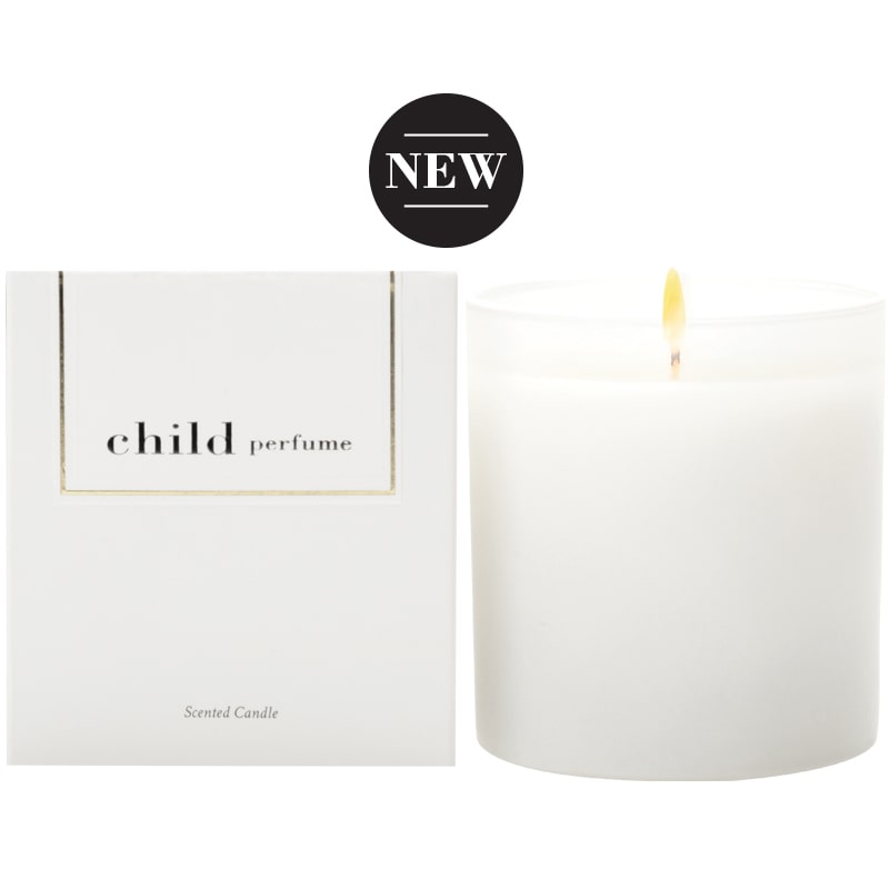 Child Perfume Scented Candle 8 oz shown lit